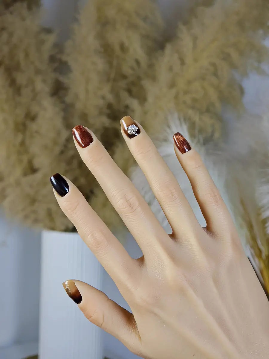 Brown Black Gradient Luxury Trapezoid Press-On Nails with Metal Foils