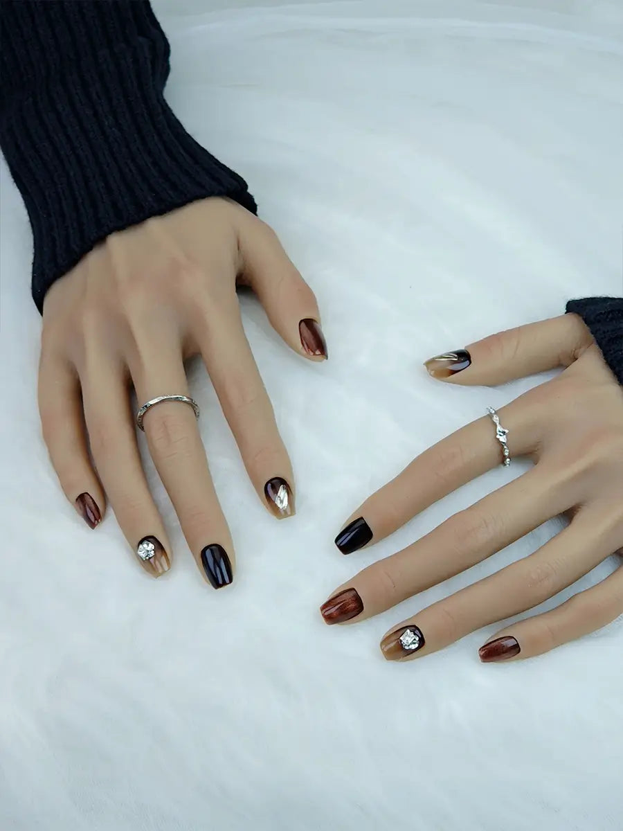 Brown Black Gradient Luxury Trapezoid Press-On Nails with Metal Foils