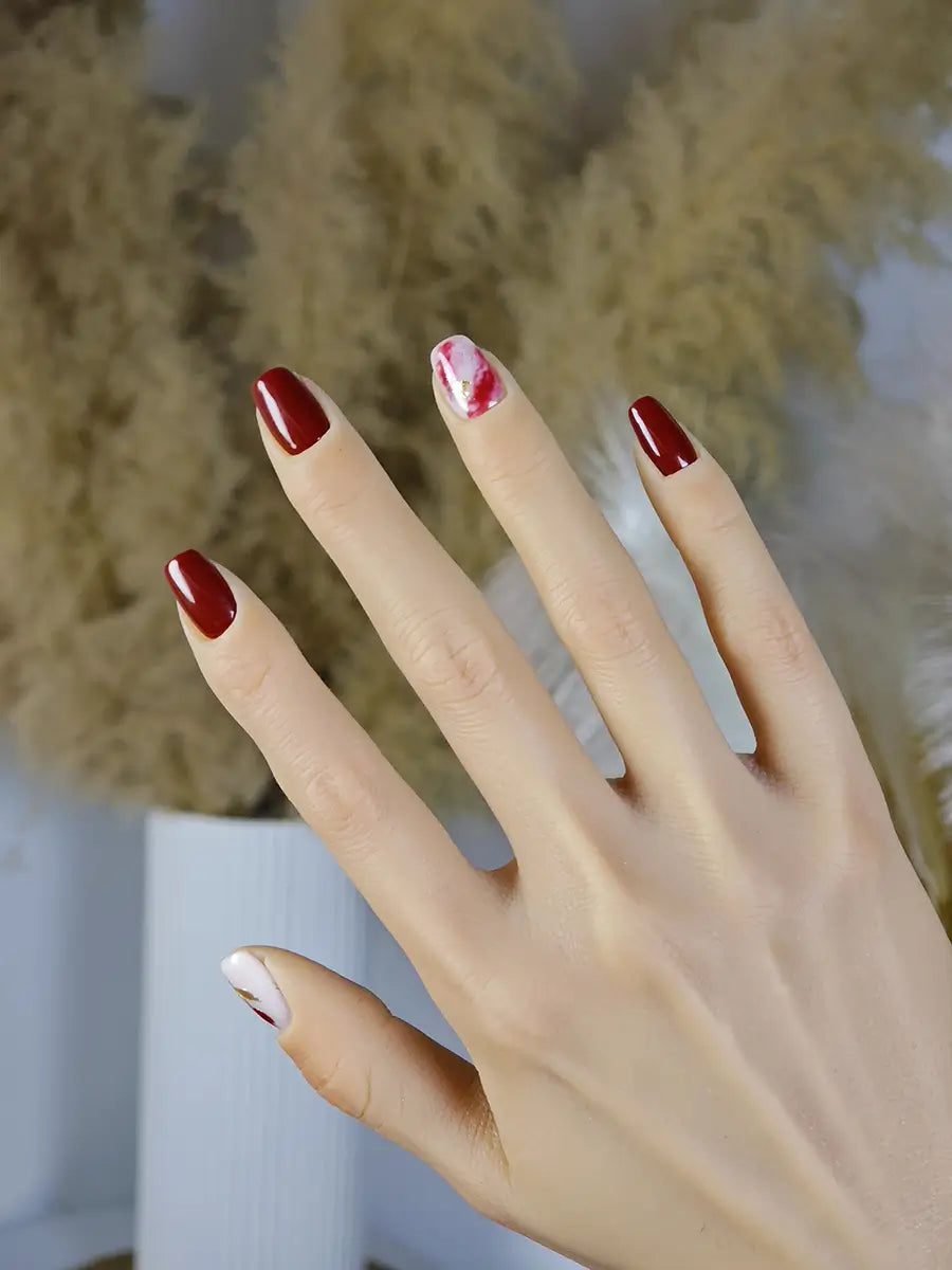 Burgundy Gold Hand-Painted Floral Art Press-On Nails