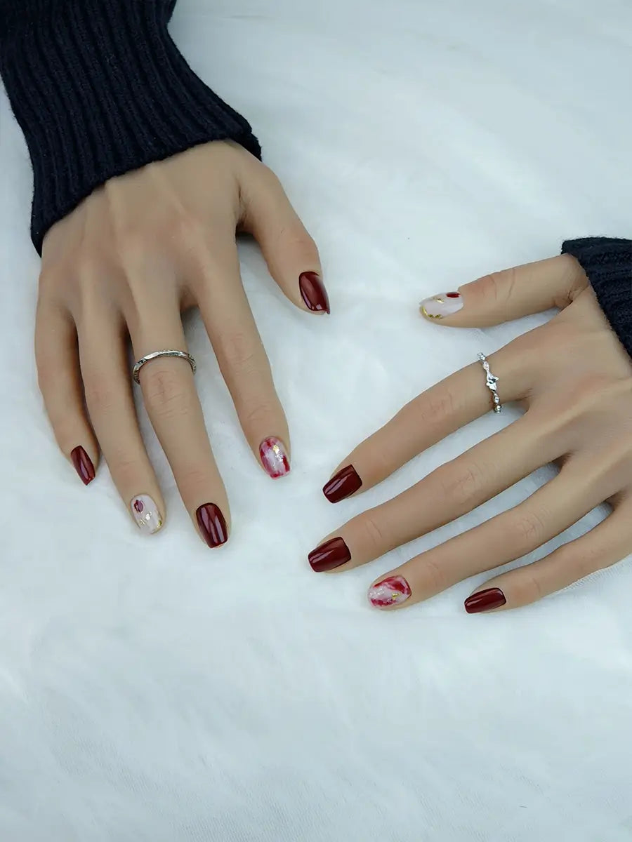 Burgundy Gold Hand-Painted Floral Art Press-On Nails