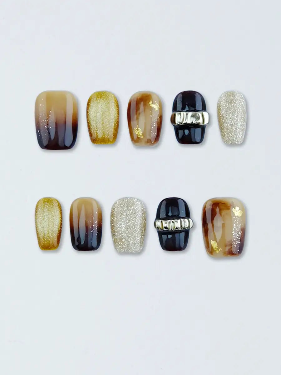 Brown Black Gold Gradient Luxury Press-On Nails with Metallic Rhinestones