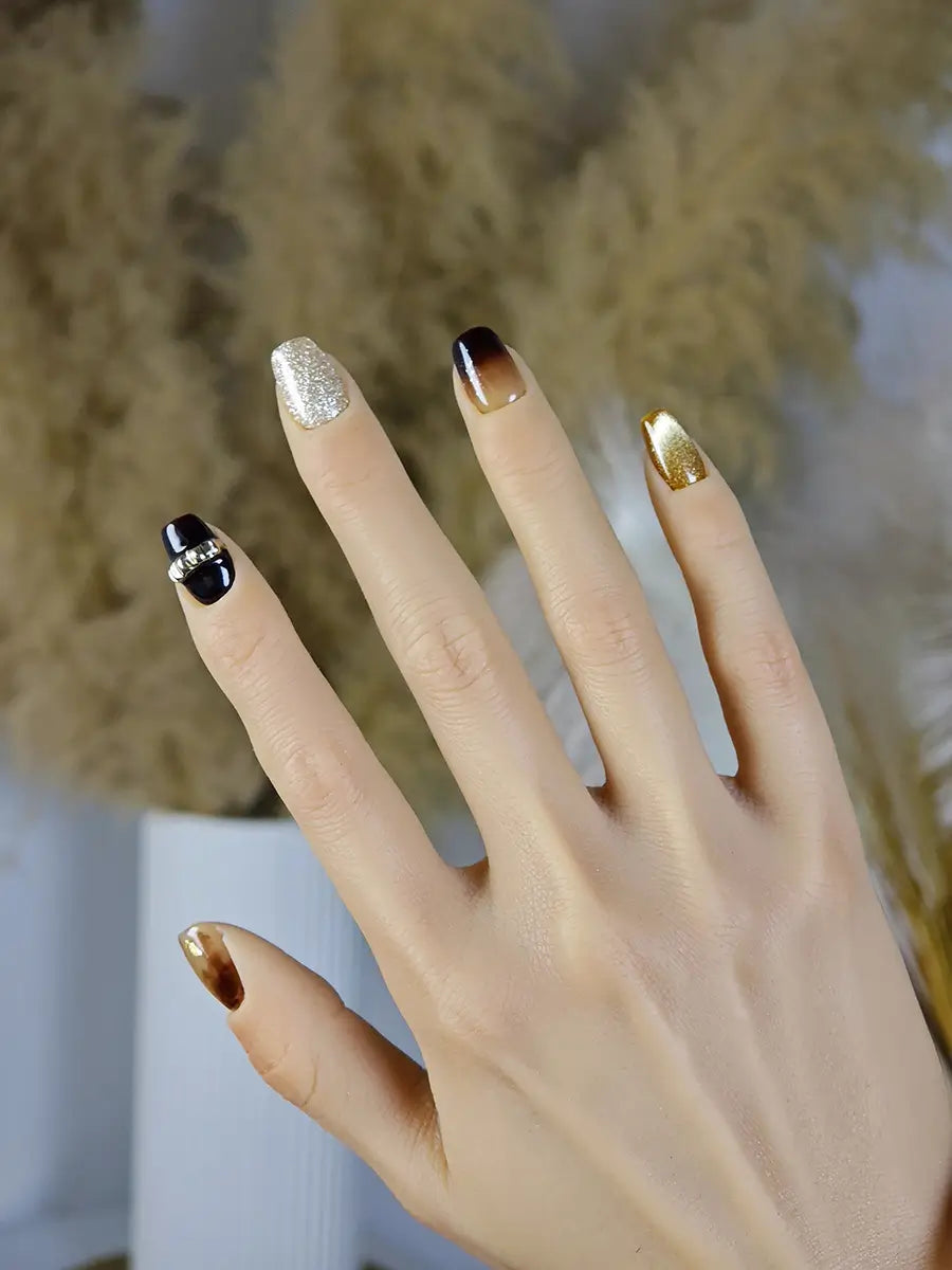Brown Black Gold Gradient Luxury Press-On Nails with Metallic Rhinestones