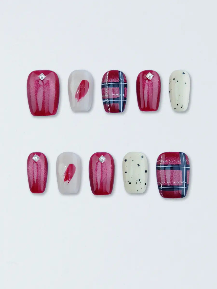 Red White Plaid Heart Art Press-On Nails with Rhinestone Accents