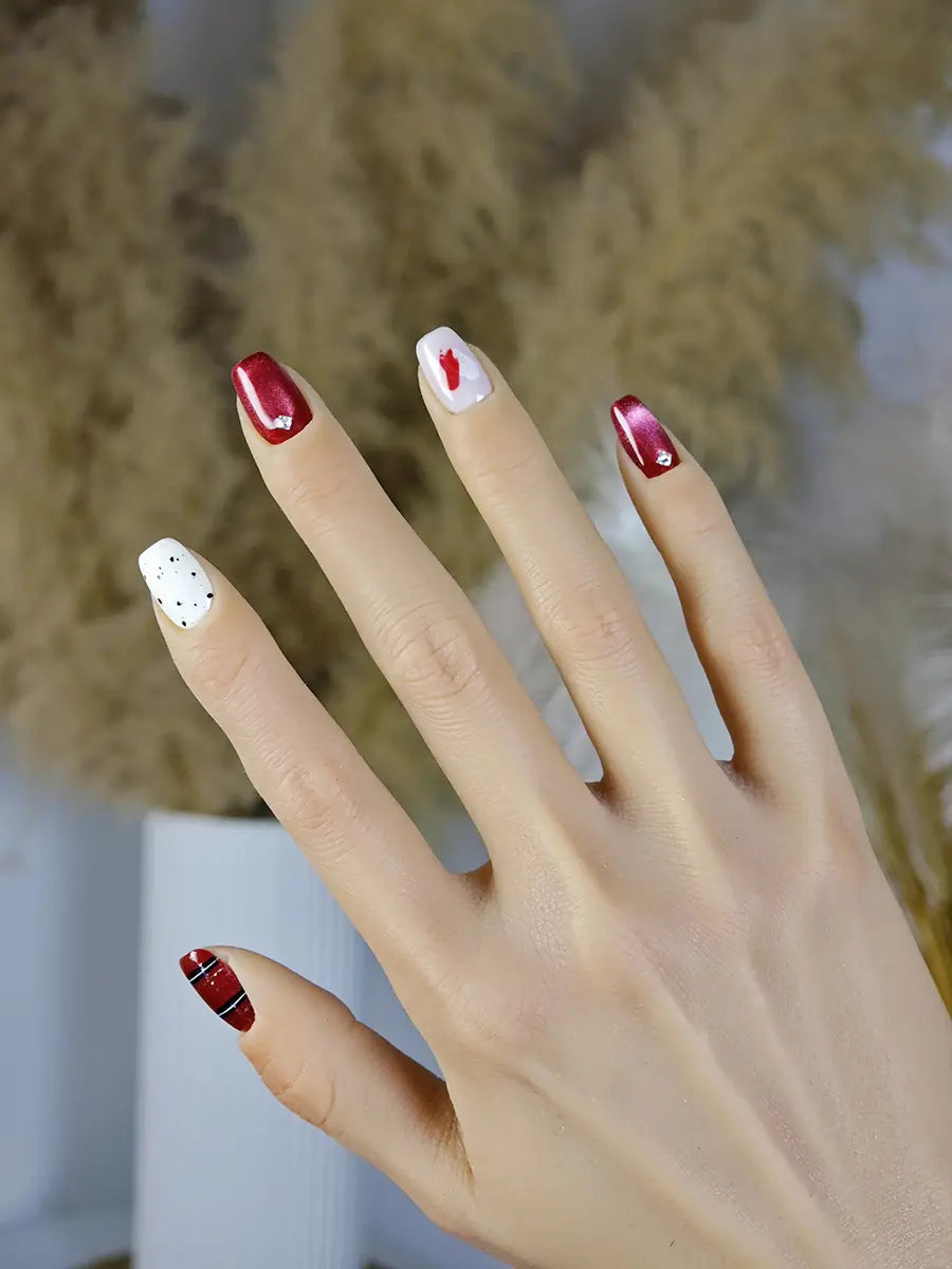 Red White Plaid Heart Art Press-On Nails with Rhinestone Accents