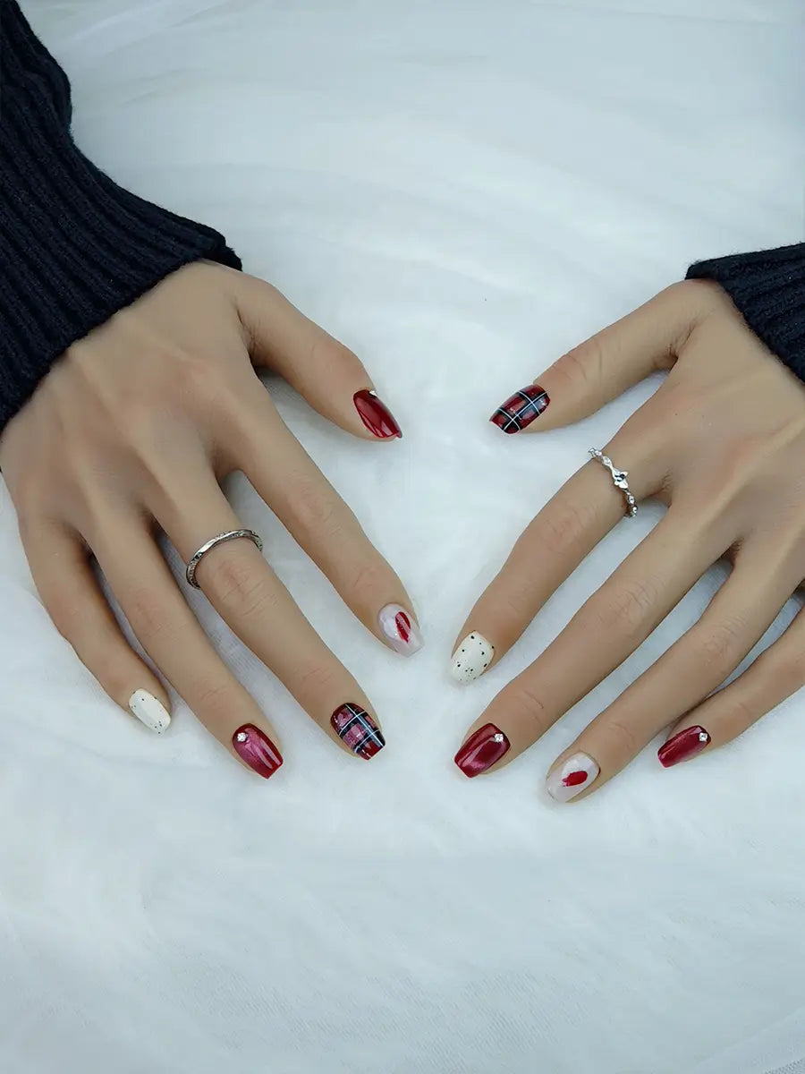 Red White Plaid Heart Art Press-On Nails with Rhinestone Accents