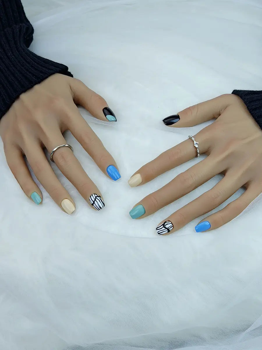 Black Blue Green Yellow Striped Press-On Nails with Artistic Design