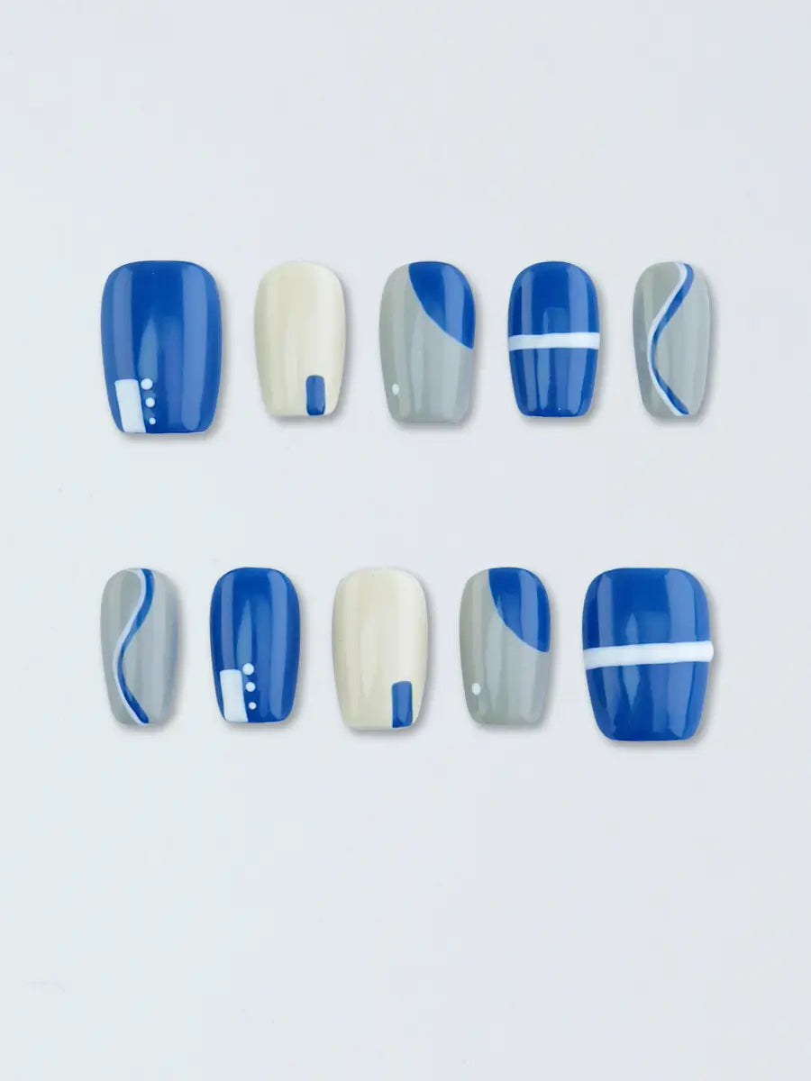 Blue Gray White Geometric Press-On Nails with Minimalist Art Design