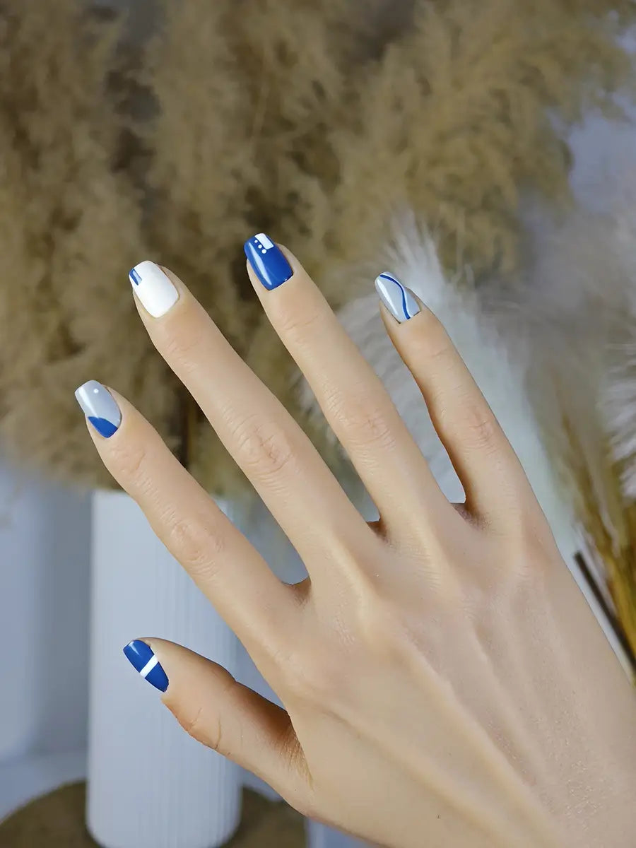 Blue Gray White Geometric Press-On Nails with Minimalist Art Design