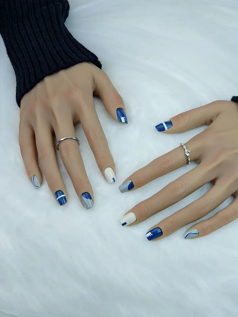 Blue Gray White Geometric Press-On Nails with Minimalist Art Design