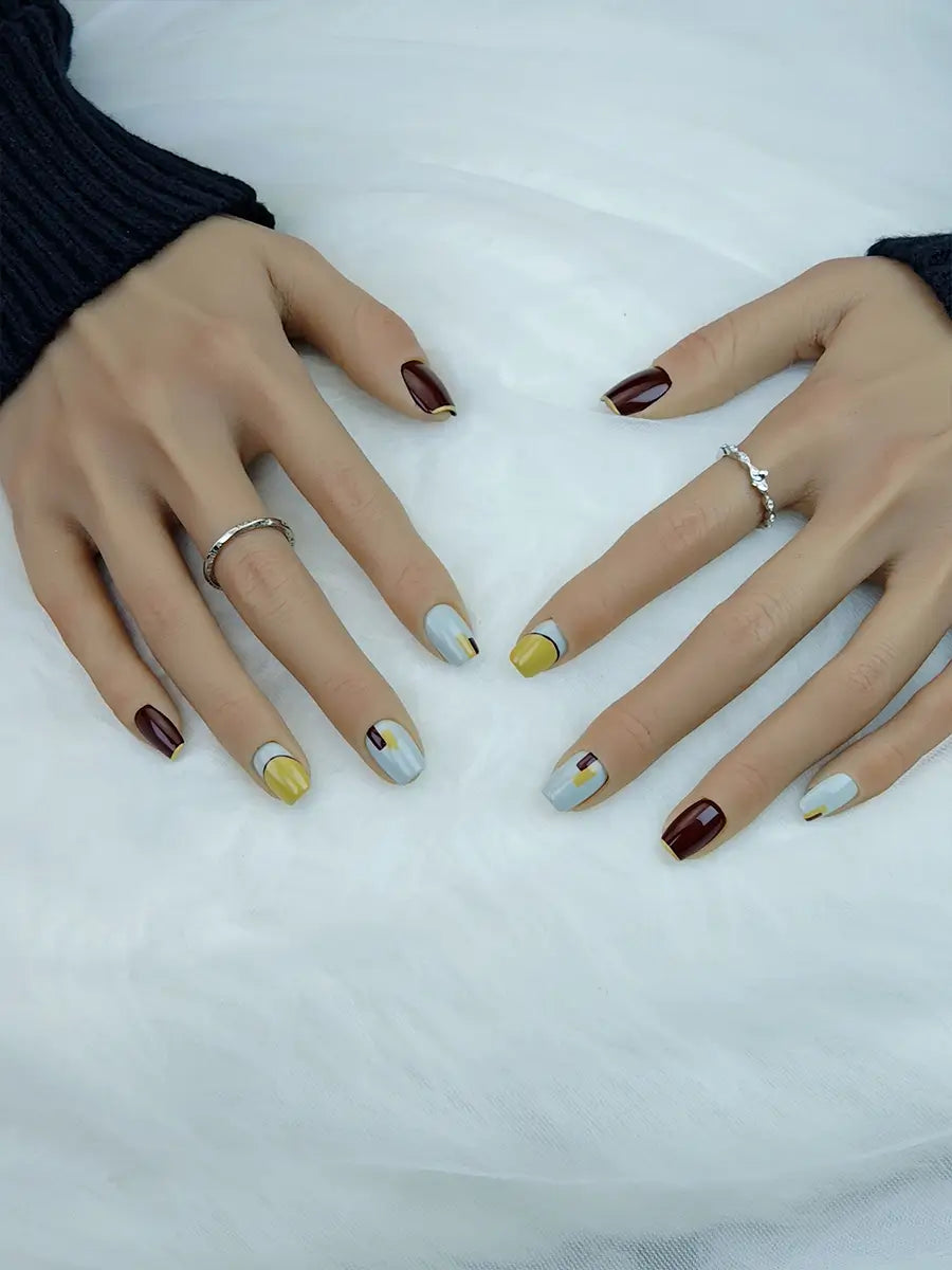 Burgundy Yellow Green Geometric Press-On Nails with Artistic Design