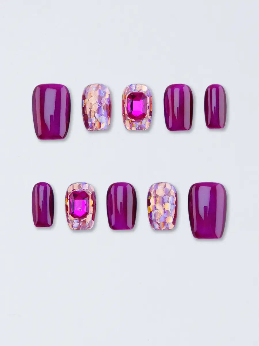 Purple Pink Gold Glitter Luxury Square Press-On Nails – Sparkling & Elegant