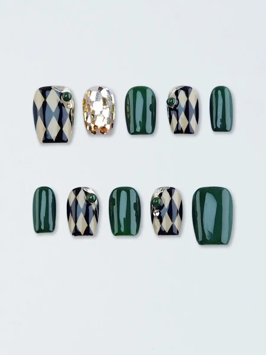 Green Black Gold Lattice Luxury Square Press-On Nails – Elegant & Textured