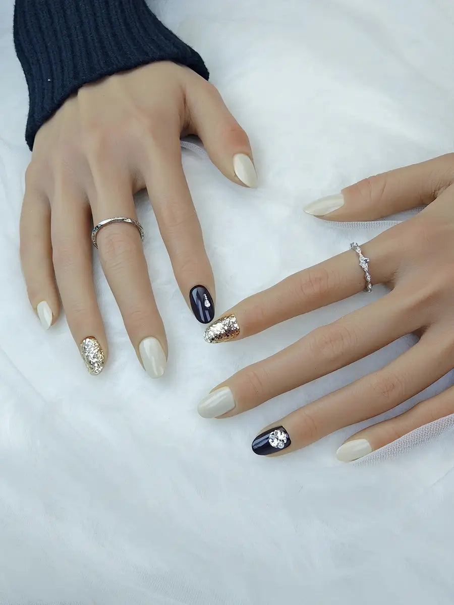 Ivory Deep Purple Sparkle Gem Press-On Nails – Short Round Luxury