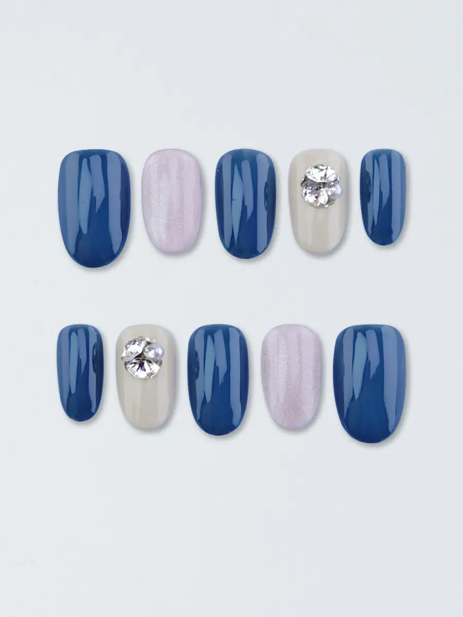 Navy Nude Sparkle Gem Press-On Nails – Short Round Luxury