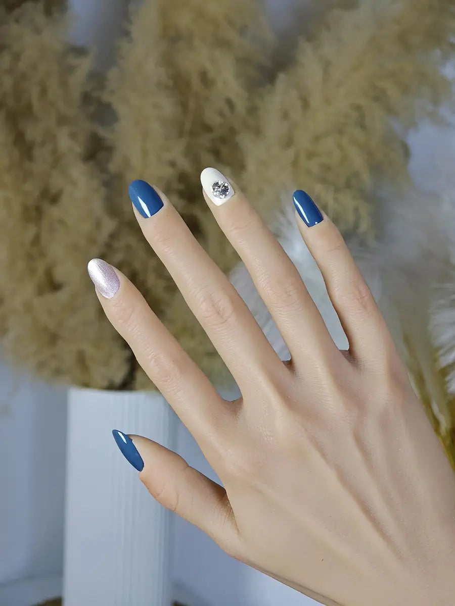Navy Nude Sparkle Gem Press-On Nails – Short Round Luxury
