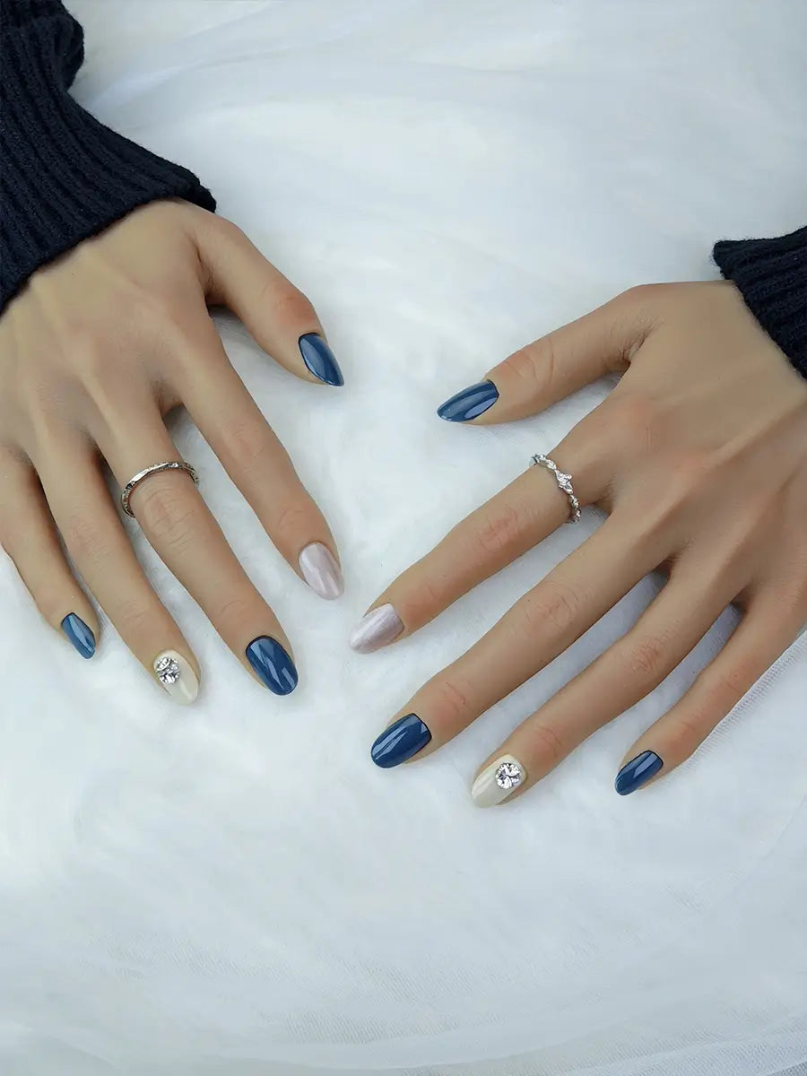 Navy Nude Sparkle Gem Press-On Nails – Short Round Luxury