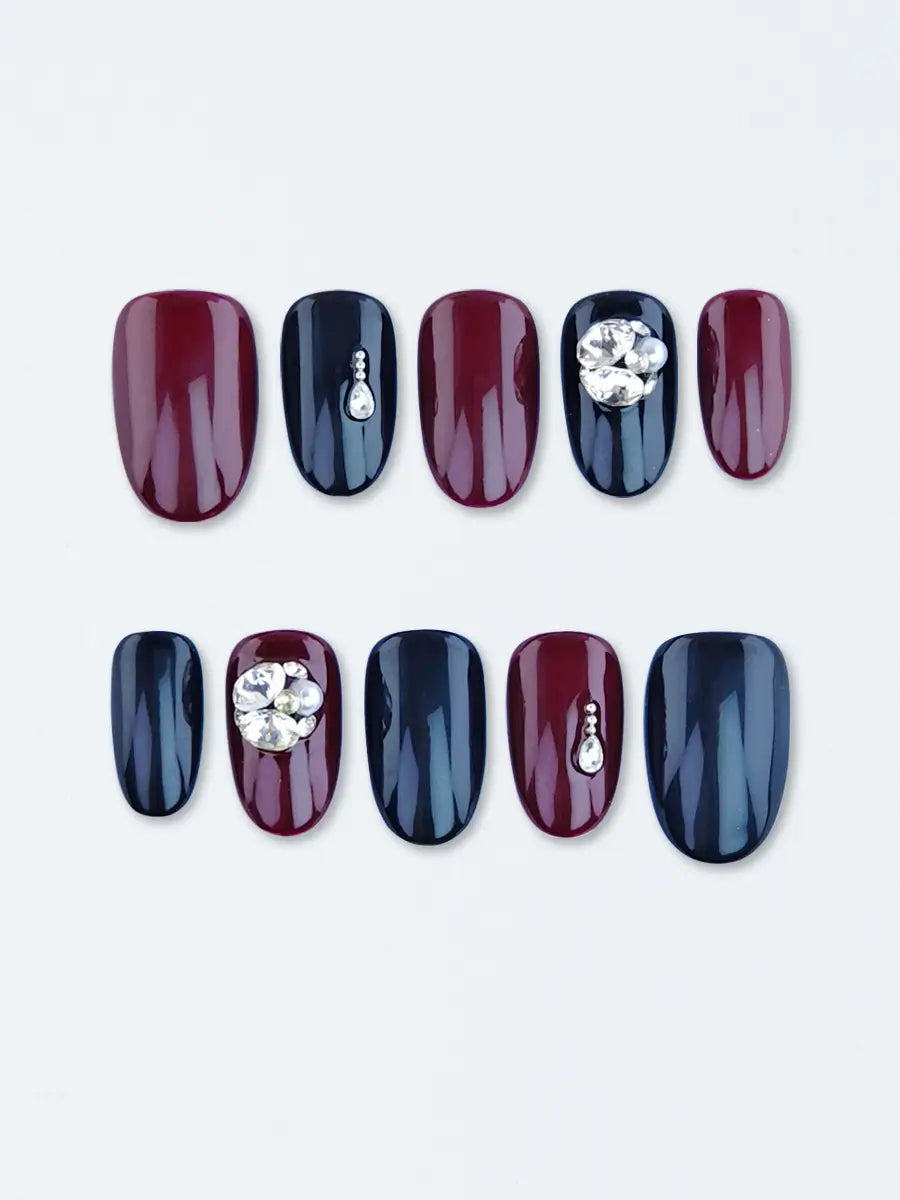 Burgundy & Black Pearl Gem Press-On Nails – Short Round Luxury