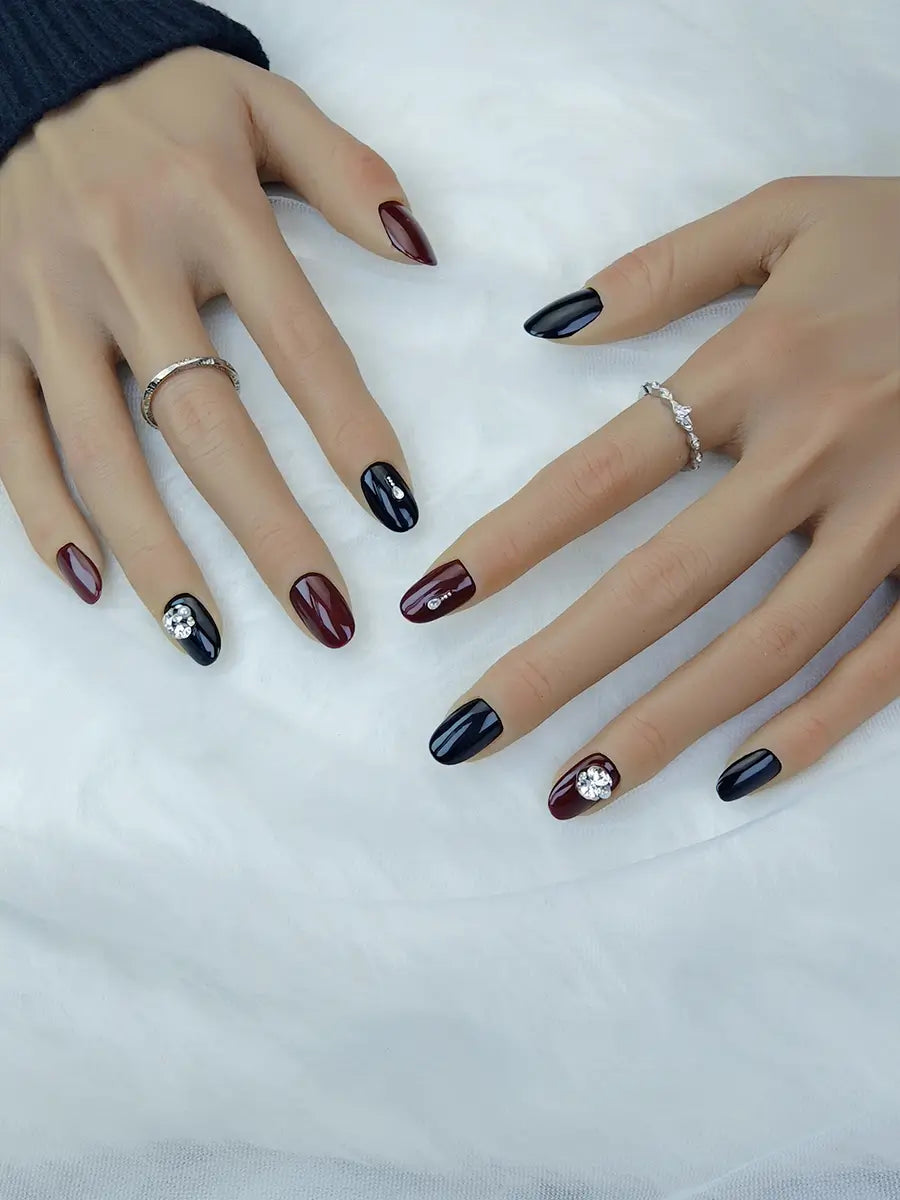 Burgundy & Black Pearl Gem Press-On Nails – Short Round Luxury