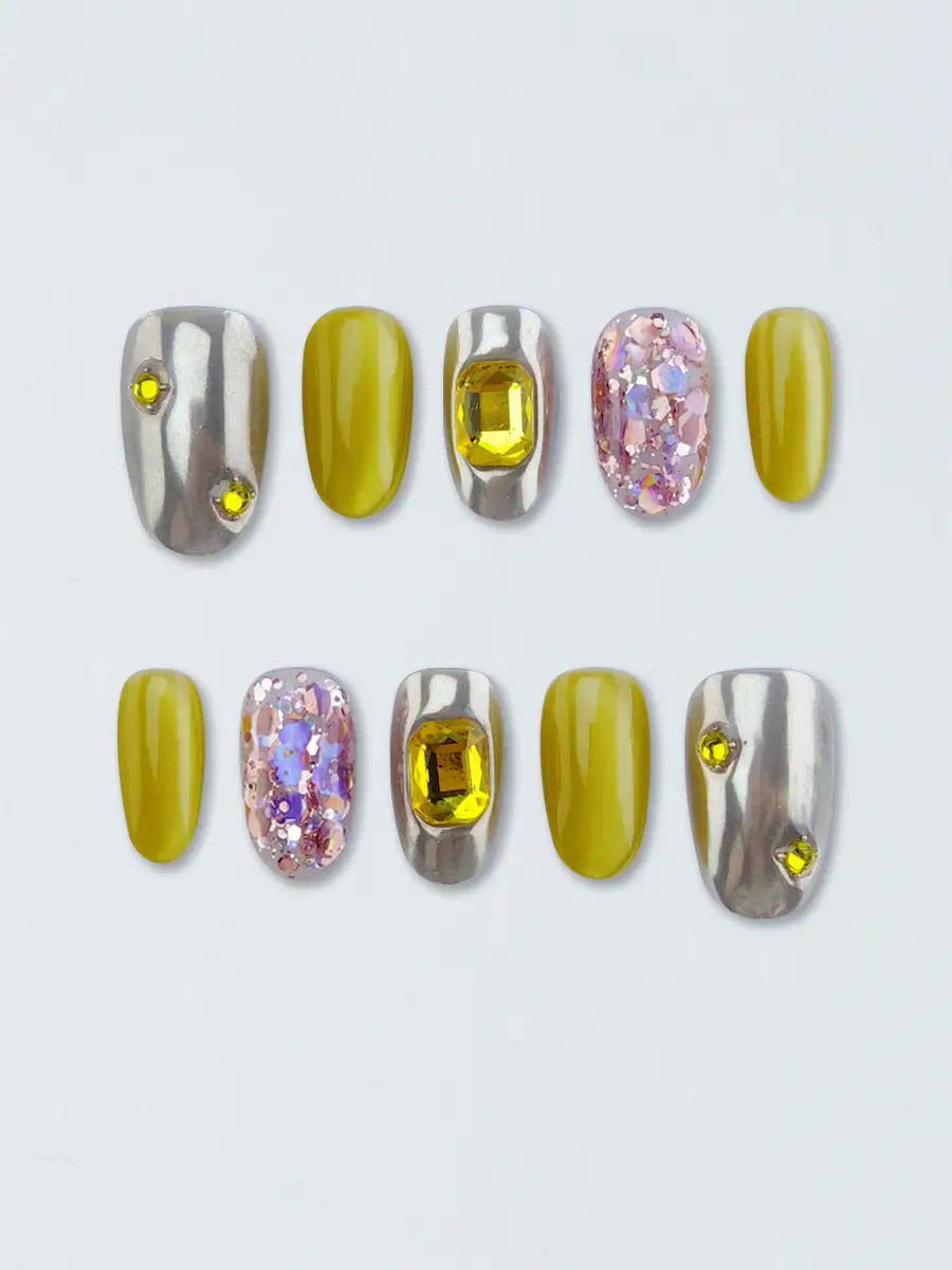 Silver & Neon Yellow Gem Art Press-On Nails – Short Round