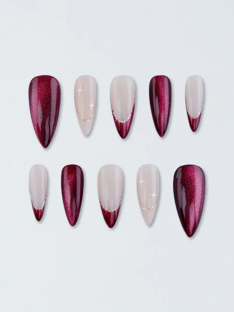 Burgundy & Nude Stiletto Press-On Nails with Gold Lines & Star Accents