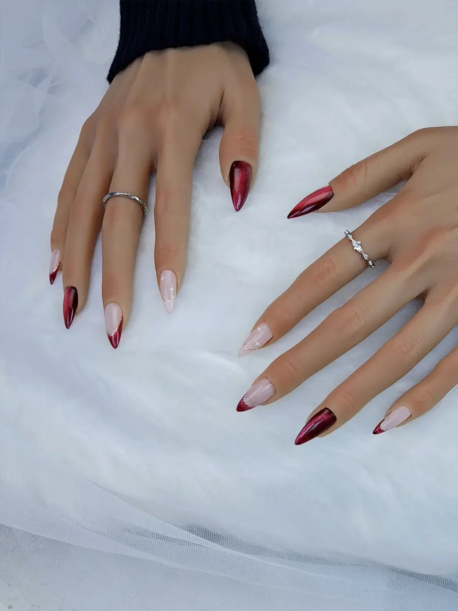 Burgundy & Nude Stiletto Press-On Nails with Gold Lines & Star Accents